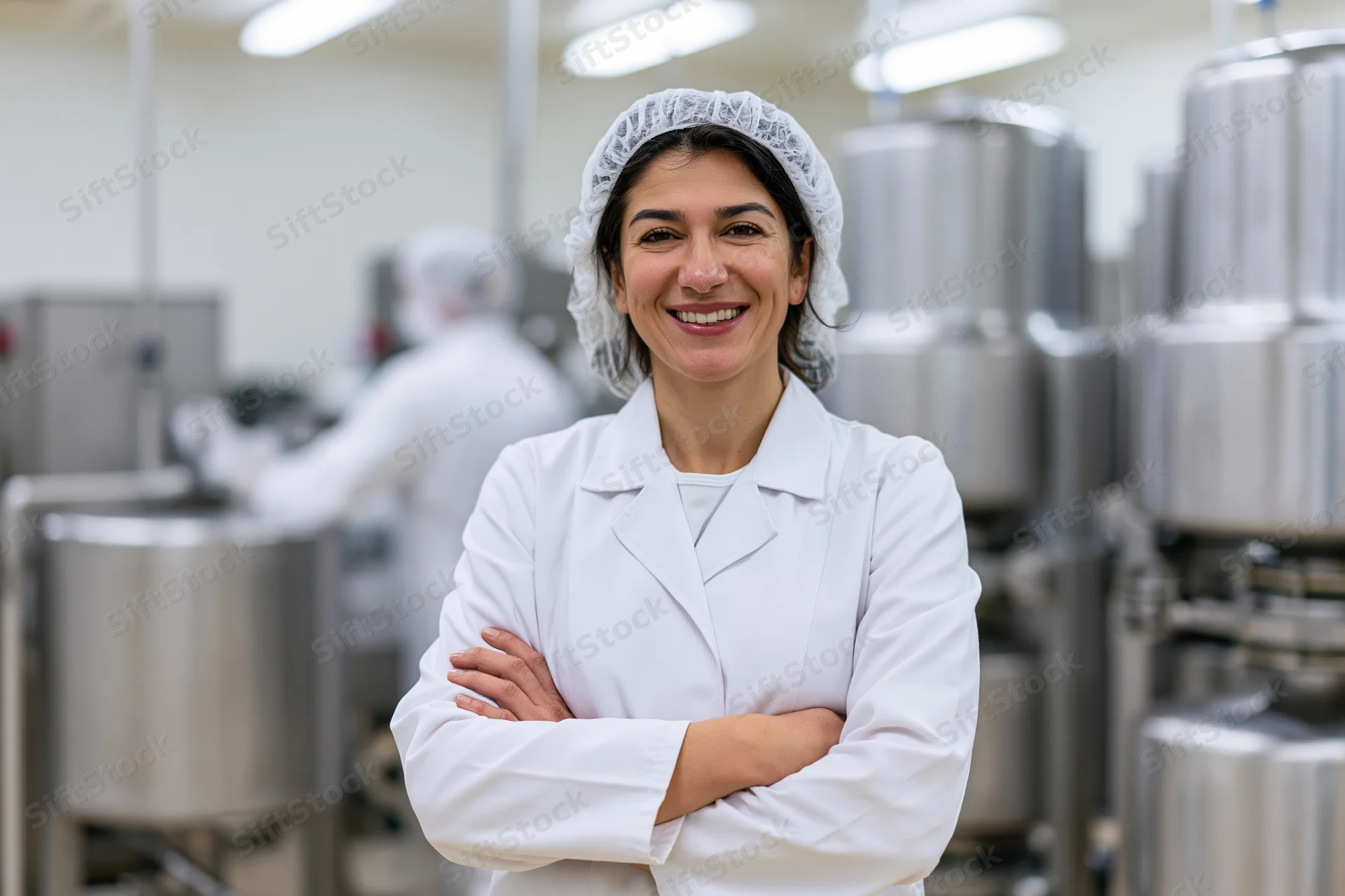 Woman in labcoat with arms crossed smiling in food factory interior