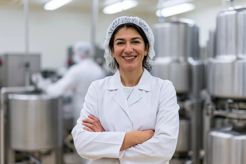 Woman in labcoat with arms crossed smiling in food factory interior
