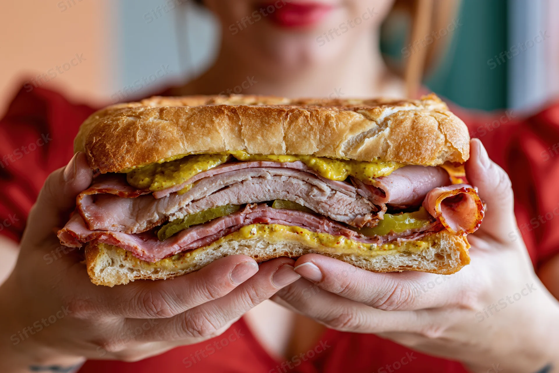 Woman holding a thick cuban sandwich with both hands, layered with ham, pork, bacon, mustard and pickles