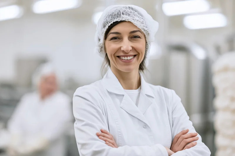 Woman in white lab coat and hairnet smiling with arms crossed in a food processing factory