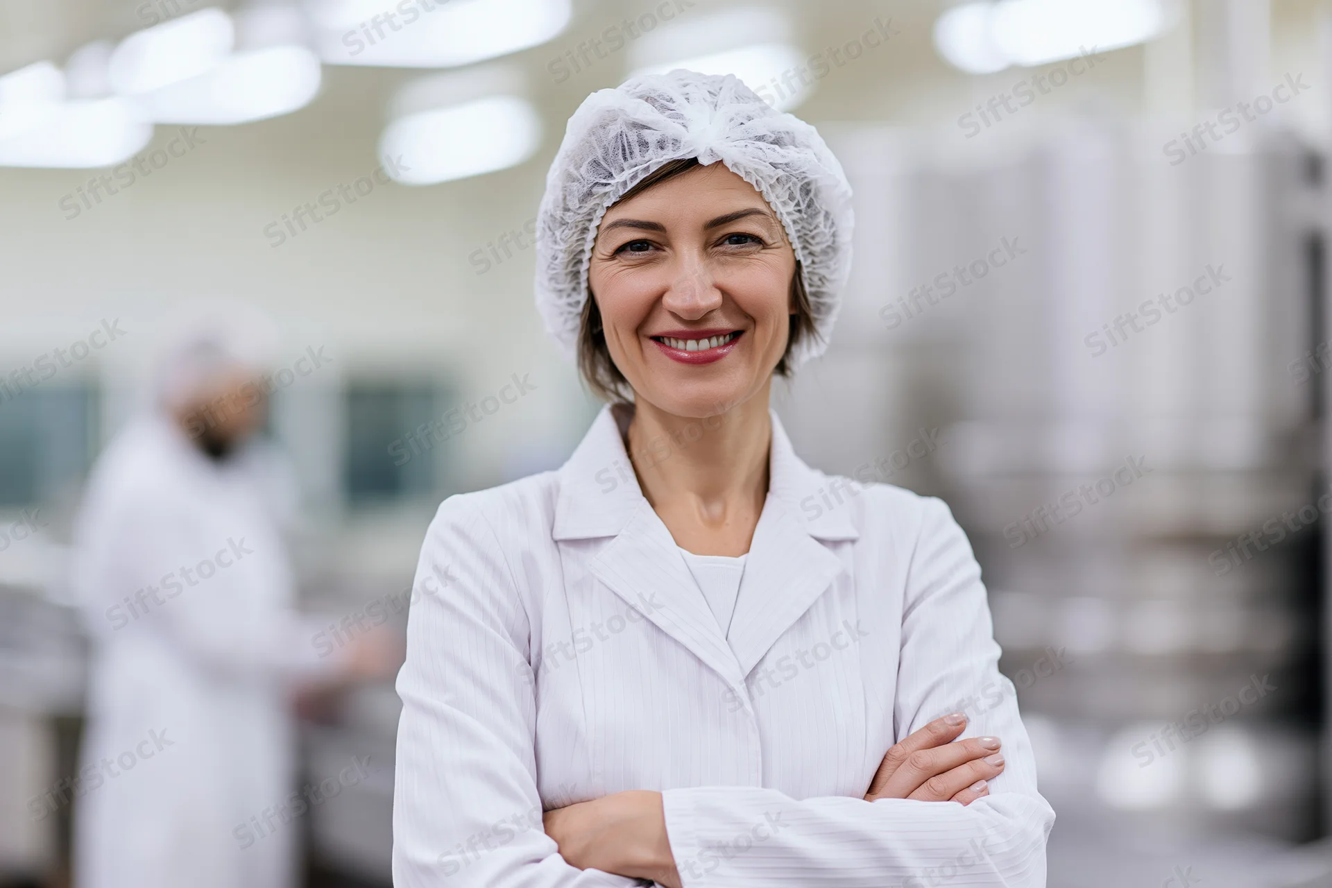 Woman in white lab coat and hairnet standing with arms crossed in laboratory