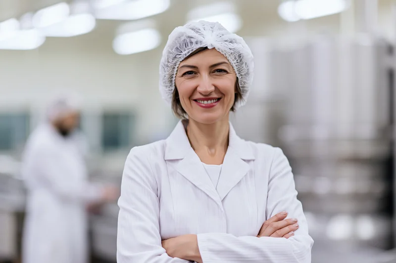 Woman in white lab coat and hairnet standing with arms crossed in laboratory