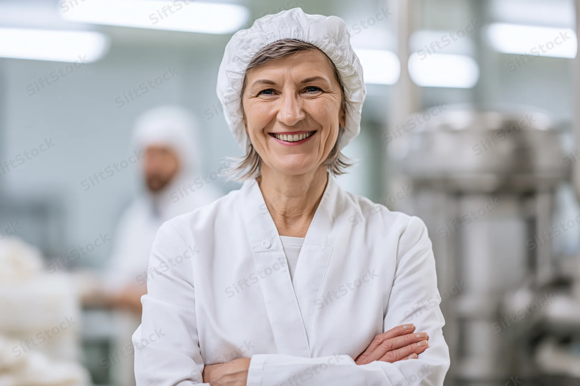 Woman in white lab coat and hairnet standing with arms crossed in a food processing facility