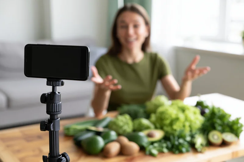 Woman recording herself with smartphone on tripod in front of vegetables on wooden table