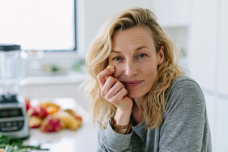 Woman smiling with fruit near blender in kitchen