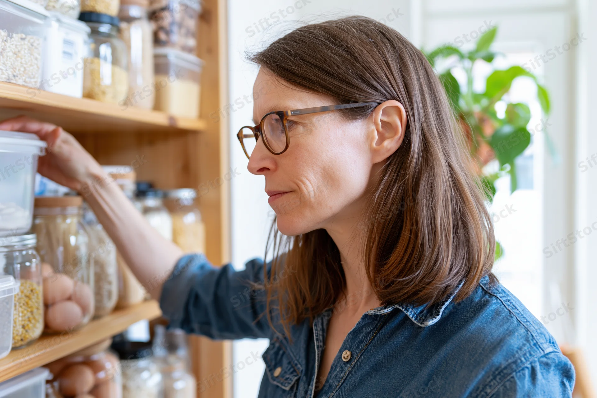 Woman reaching for a container on a pantry shelf in a kitchen