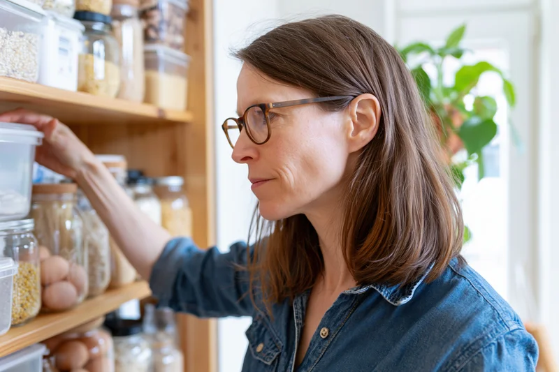 Woman reaching for a container on a pantry shelf in a kitchen