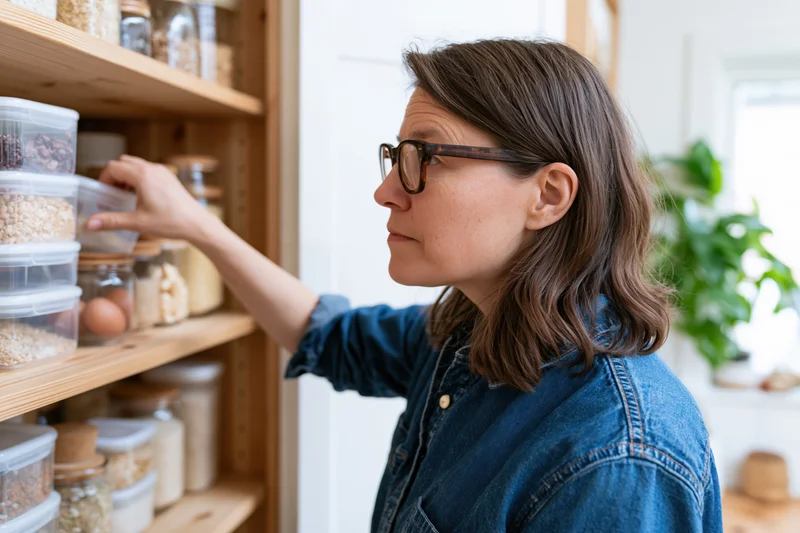 Woman organizing pantry shelves with food containers and jars in kitchen
