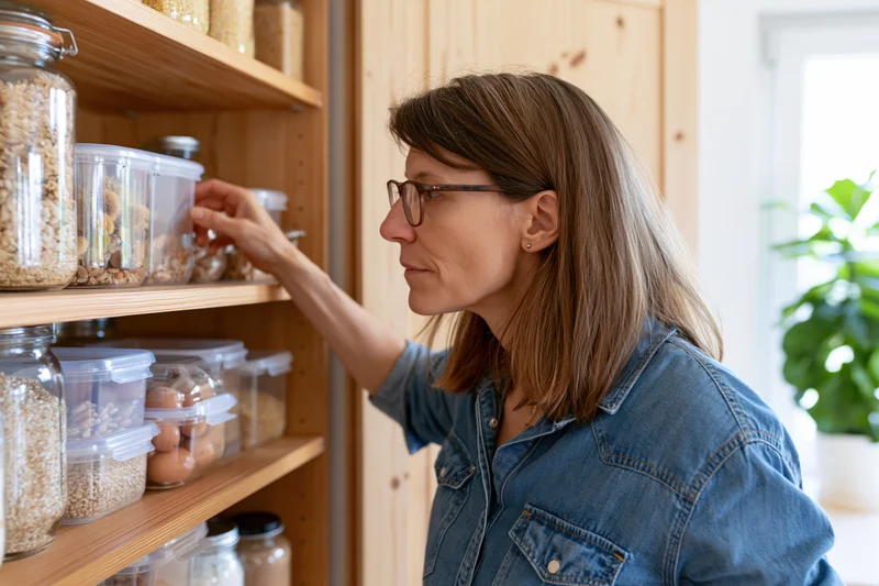 Woman reaching for a container on a pantry shelf in a kitchen