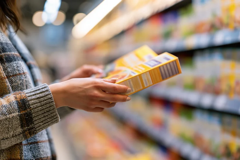 Woman holding and reading a food product box in a supermarket aisle