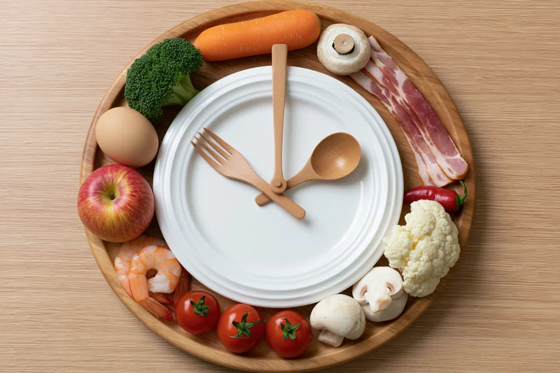 Wooden tray arranged as a clock face with food items around a white plate and cutlery as hands