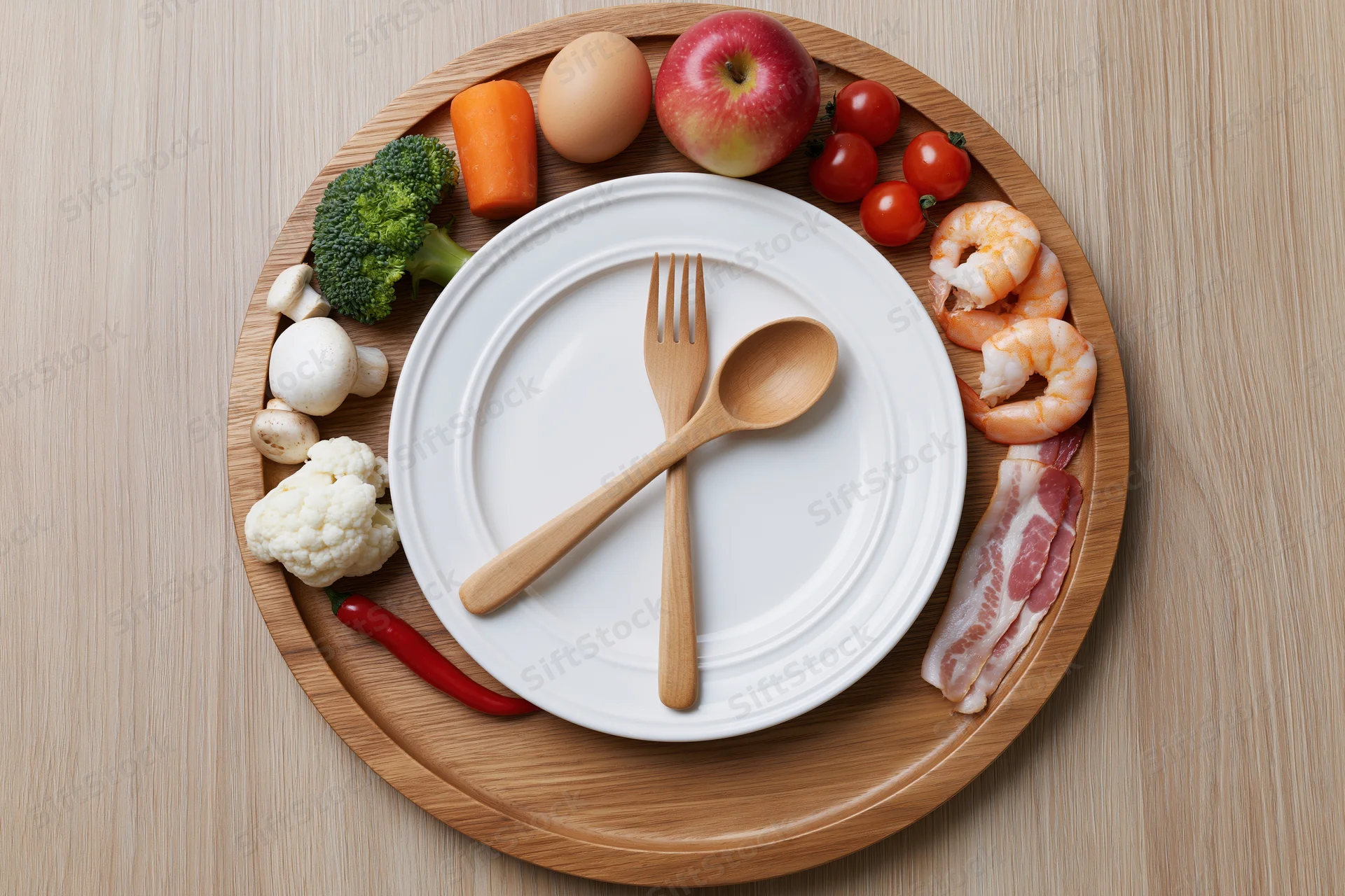 Circular wooden tray with white plate and wooden cutlery surrounded by arranged food items including vegetables, fruits, protein, and bacon on light wood surface