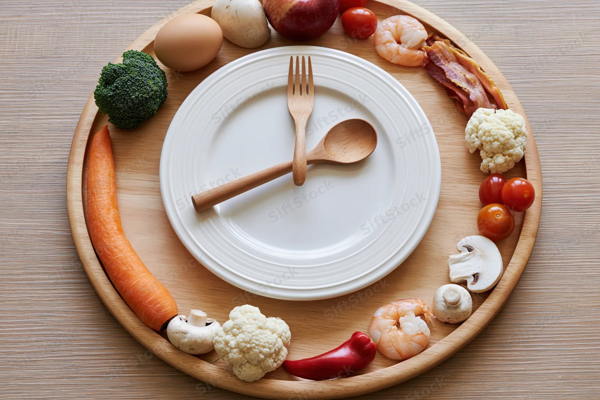 Wooden tray arranged as a clock face with food items around a plate and cutlery in center