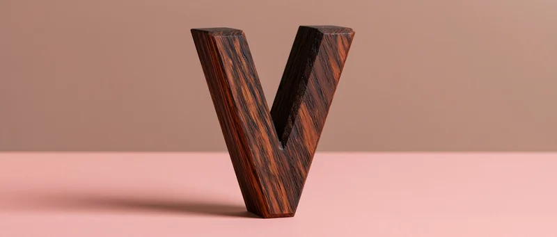 Wooden decorative letter v standing upright on a pink surface against a beige background