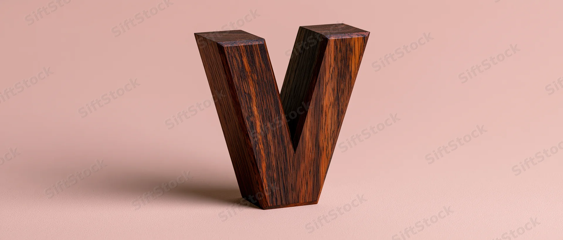 Wooden letter v standing upright on a beige background