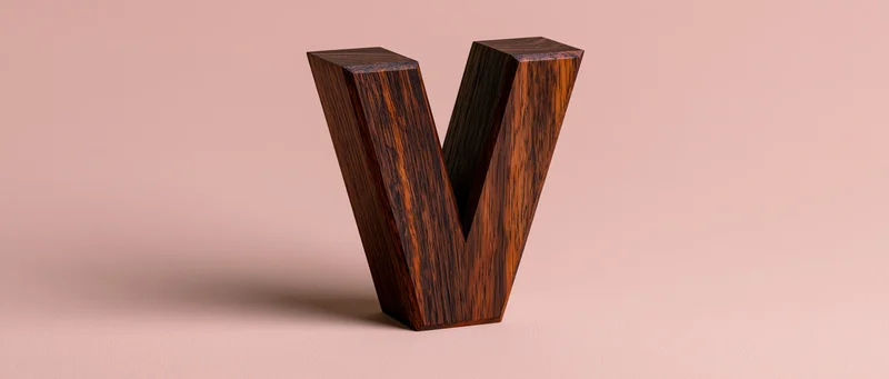 Wooden letter v standing upright on a beige background