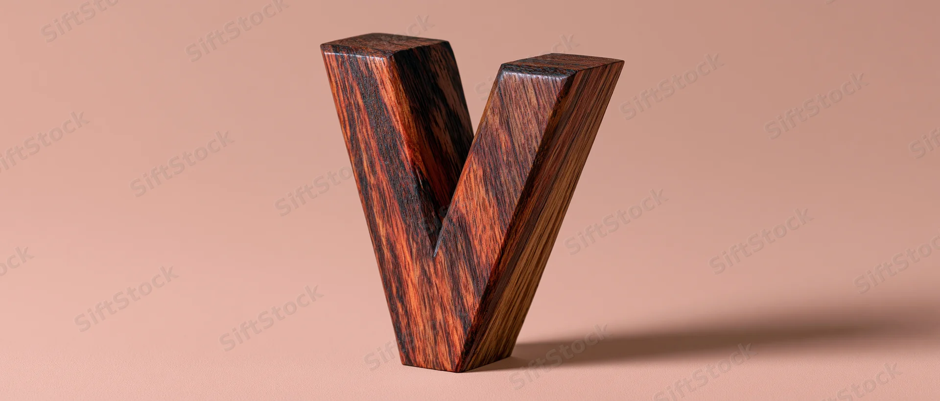 Wooden decorative letter v standing upright centered against a plain background