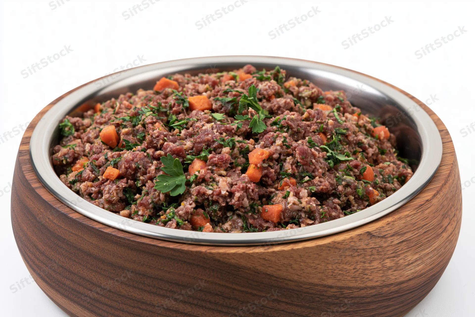 Dog food mixture with meat, carrots and parsley in a wooden bowl with stainless steel rim on white background