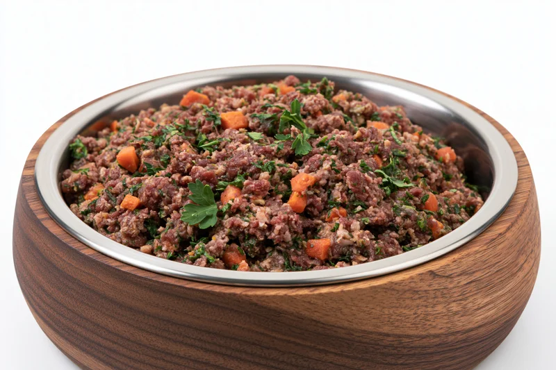 Dog food mixture with meat, carrots and parsley in a wooden bowl with stainless steel rim on white background