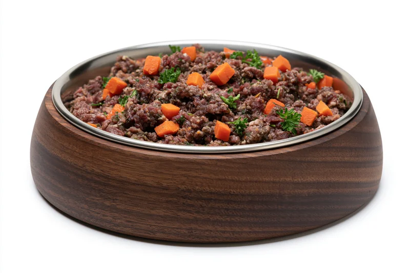 Wooden pet bowl with stainless steel rim filled with ground meat and carrots for dog feeding