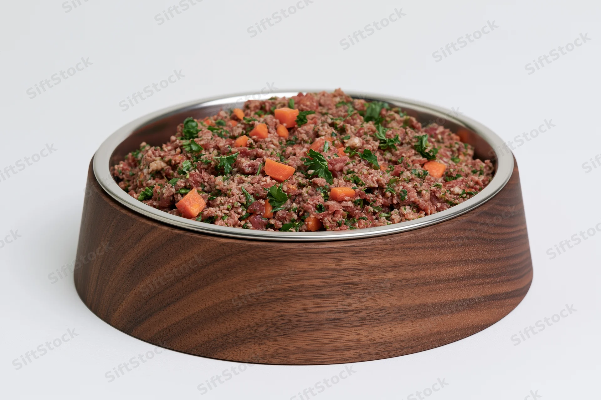 Raw meat and vegetable dog food in a wooden elevated pet bowl with stainless steel inner rim