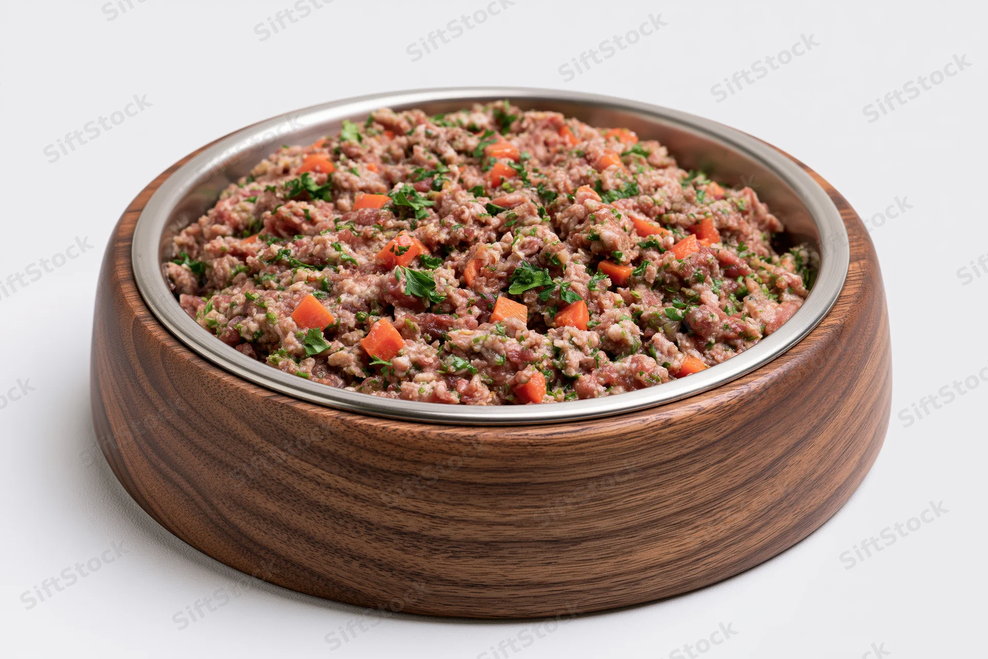 Dog food in a wooden bowl with stainless steel rim on white background