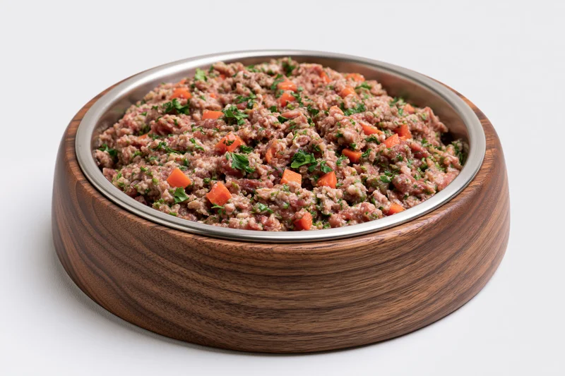 Dog food in a wooden bowl with stainless steel rim on white background