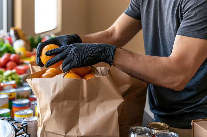 Worker packing oranges into a paper bag at a food donation center