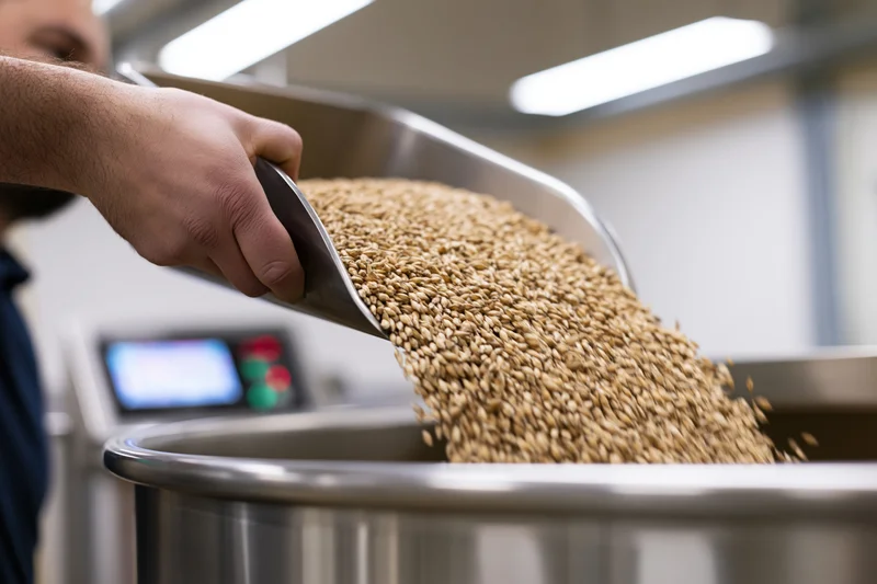 Worker pouring malted barley grains into stainless steel brewing kettle in brewery