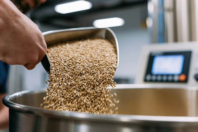 Hand pouring malted barley grains into a stainless steel brewing kettle in a brewery