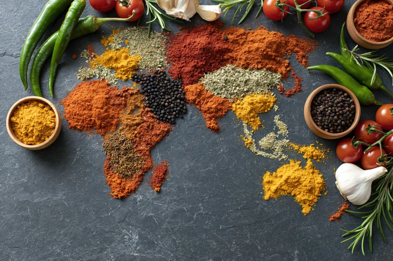World map outline made from colorful spices and herbs arranged on dark slate surface with fresh vegetables and herbs around