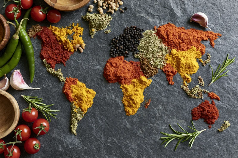 World map made from colorful spices and herbs arranged on slate surface with vegetables and garlic around
