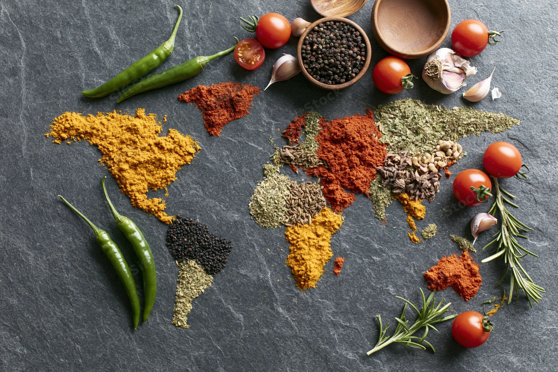 World map outline made from colorful spices and herbs arranged on dark slate surface
