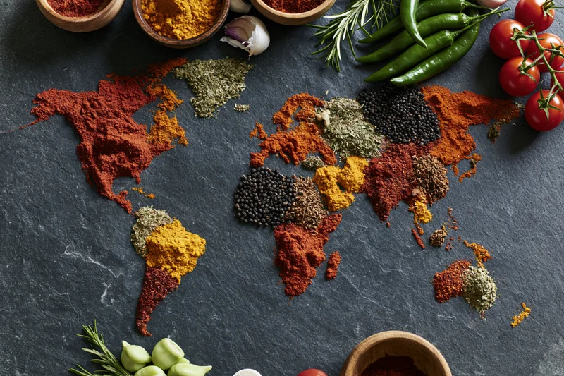 World map formed from colorful spices and herbs arranged on dark slate surface with fresh vegetables and wooden bowls around