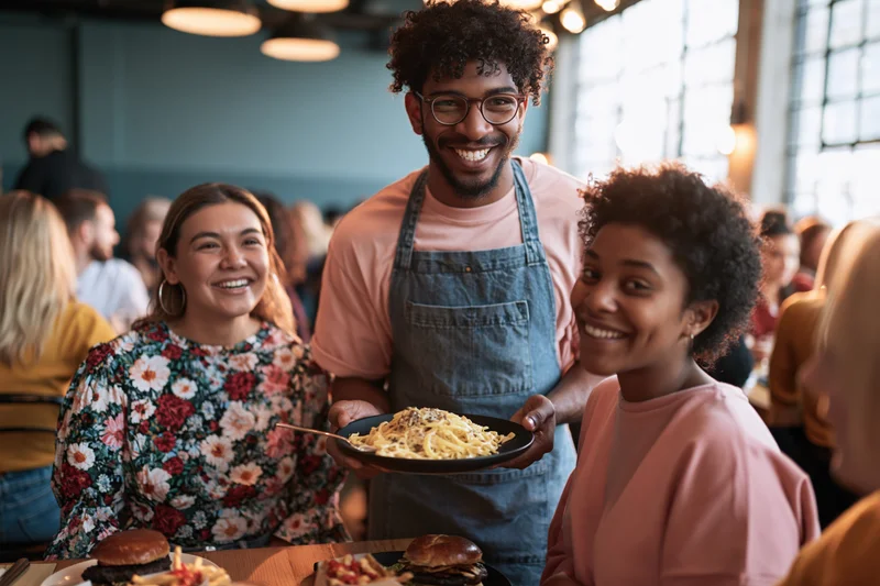 Young black male waiter in denim apron serving pasta to smiling customers at restaurant table