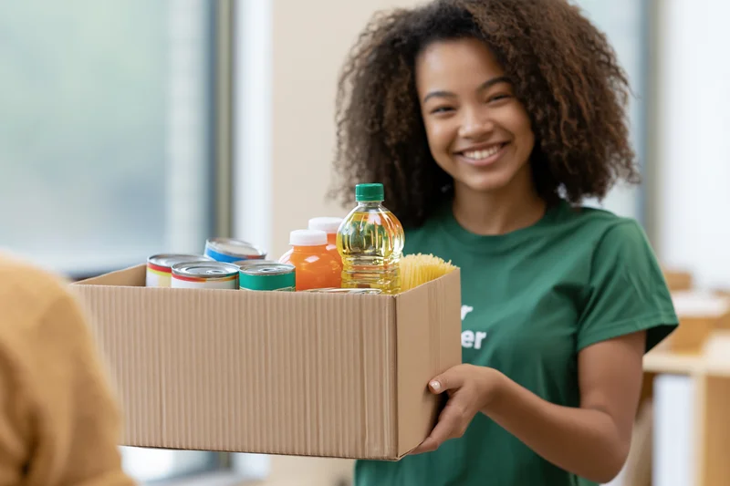 Young black woman smiling while handing a box of food donations to someone else indoors