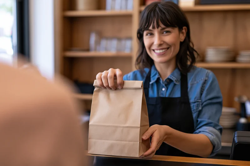 Woman barista smiling while handing a paper bag across cafe counter