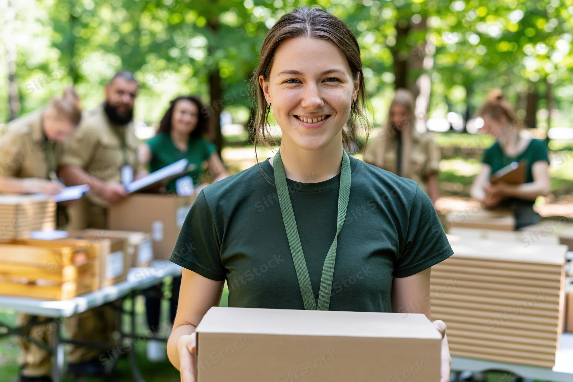 Young woman smiling while holding a cardboard box in a park with beekeeping equipment and volunteers in the background