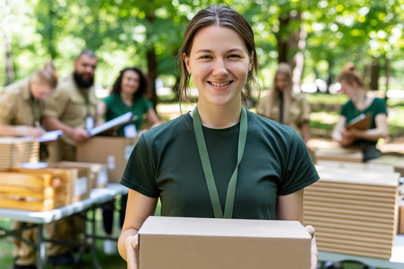Young woman smiling while holding a cardboard box in a park with beekeeping equipment and volunteers in the background