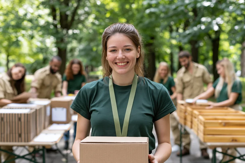 Smiling woman holding cardboard box at outdoor community event in park