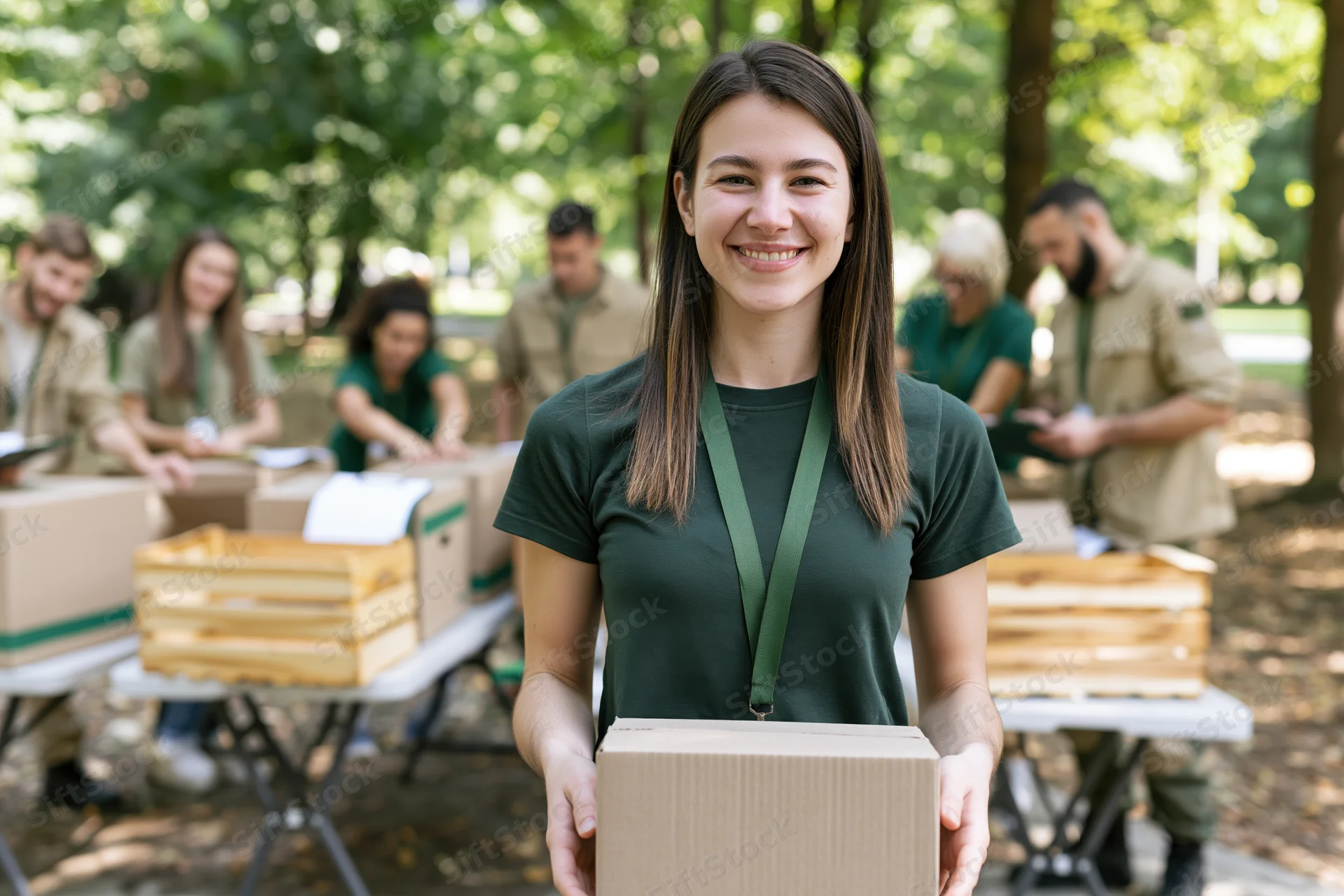 Smiling woman holding a cardboard box in a park with volunteers working at tables behind her