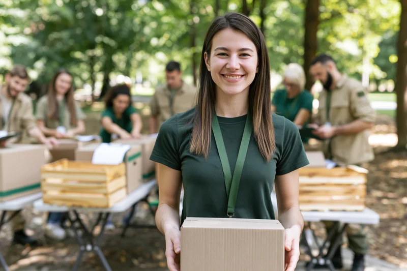 Smiling woman holding a cardboard box in a park with volunteers working at tables behind her