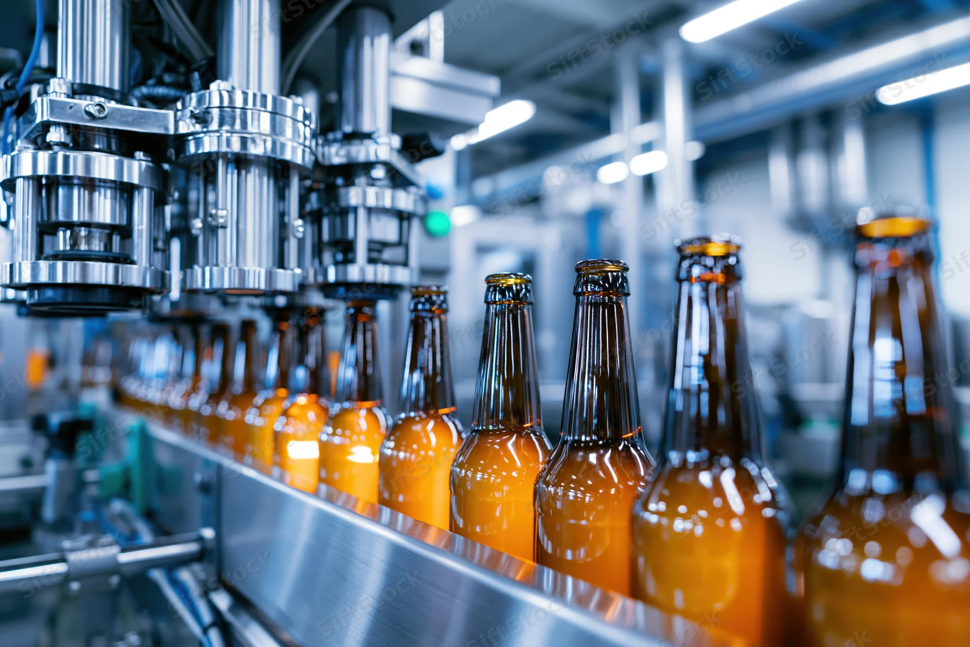 Amber glass bottles moving along a stainless steel conveyor in a brewery production line