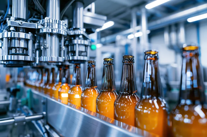 Amber glass bottles moving along a stainless steel conveyor in a brewery production line