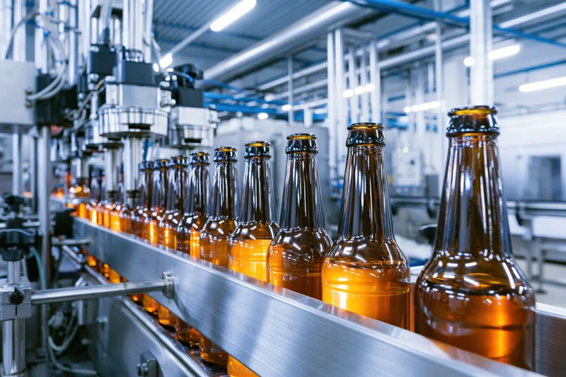 Amber glass bottles moving along a stainless steel conveyor in a brewery production line