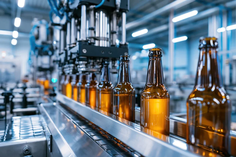 Amber glass bottles moving along a stainless steel conveyor in a brewery production line