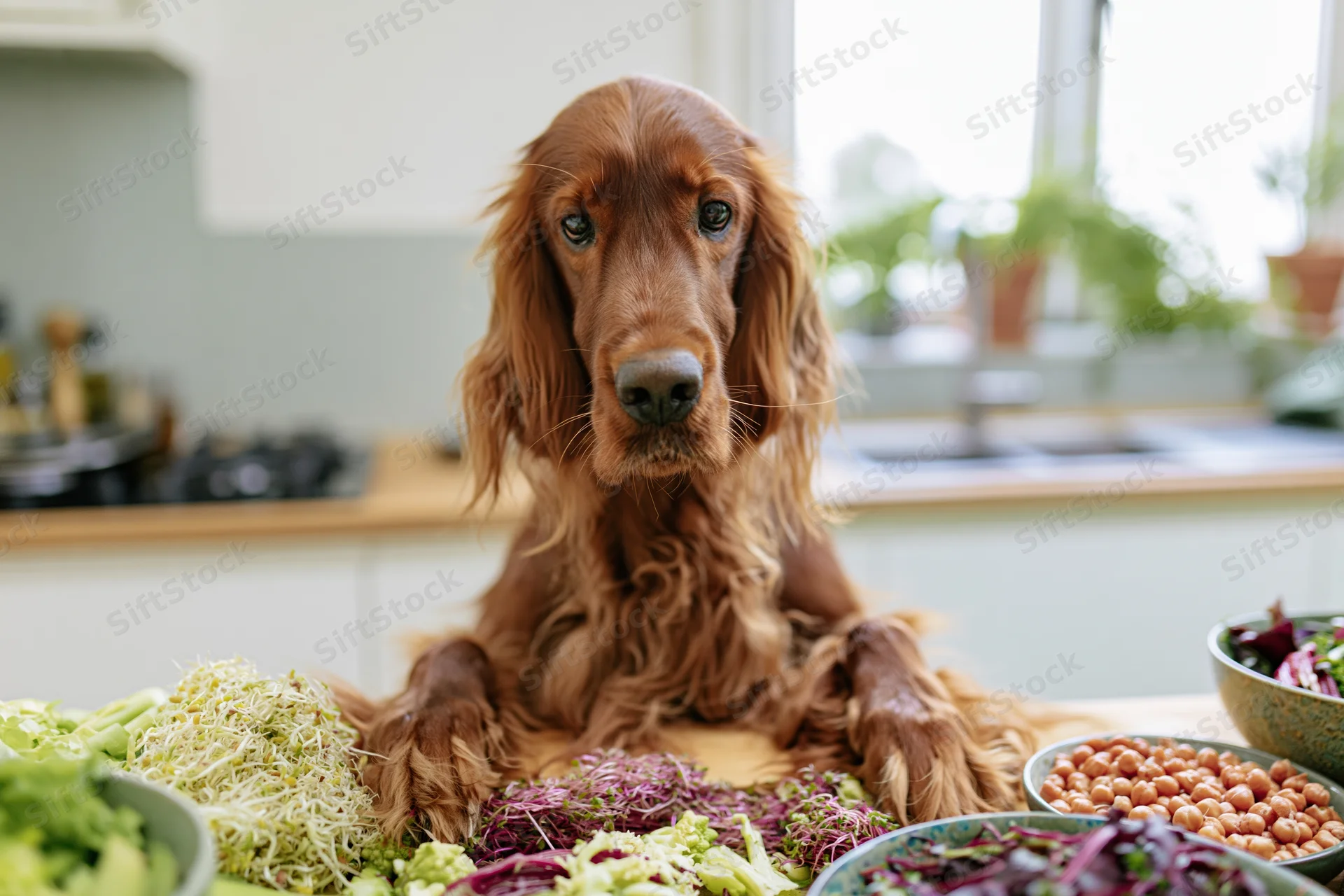 Irishsetter dog sitting on kitchen table surrounded by bowls of vegetables and sprouts