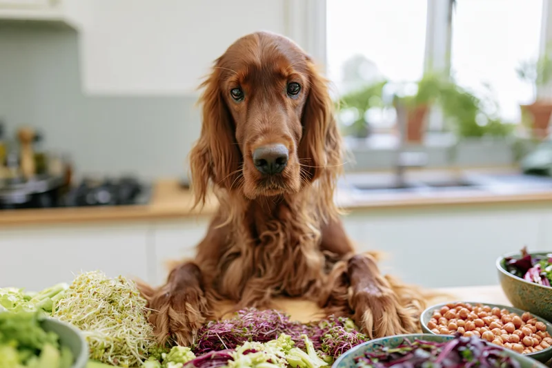 Irishsetter dog sitting on kitchen table surrounded by bowls of vegetables and sprouts