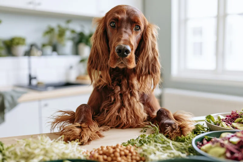 Irishsetter sitting on kitchen table with food bowls and vegetables around