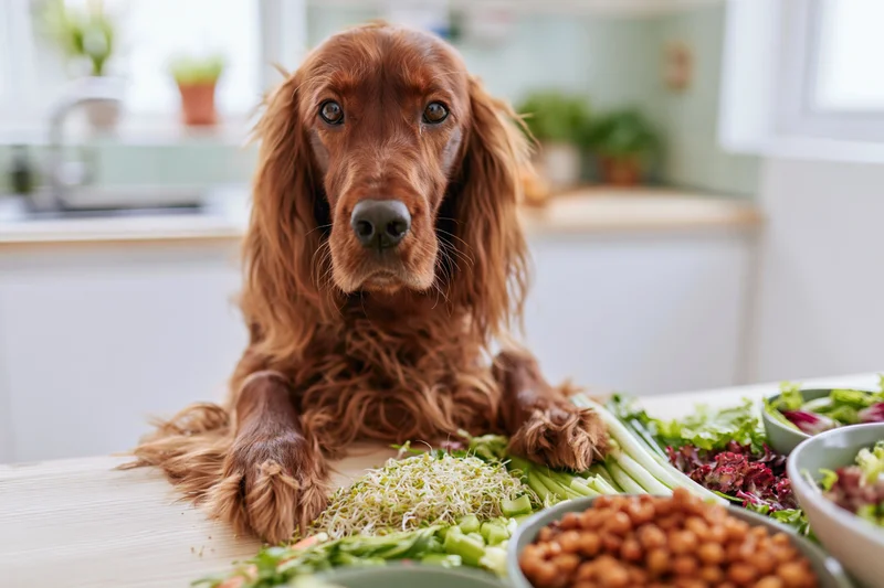 Irishsetter with mahogany fur resting on kitchen table surrounded by fresh vegetables and bowls of food